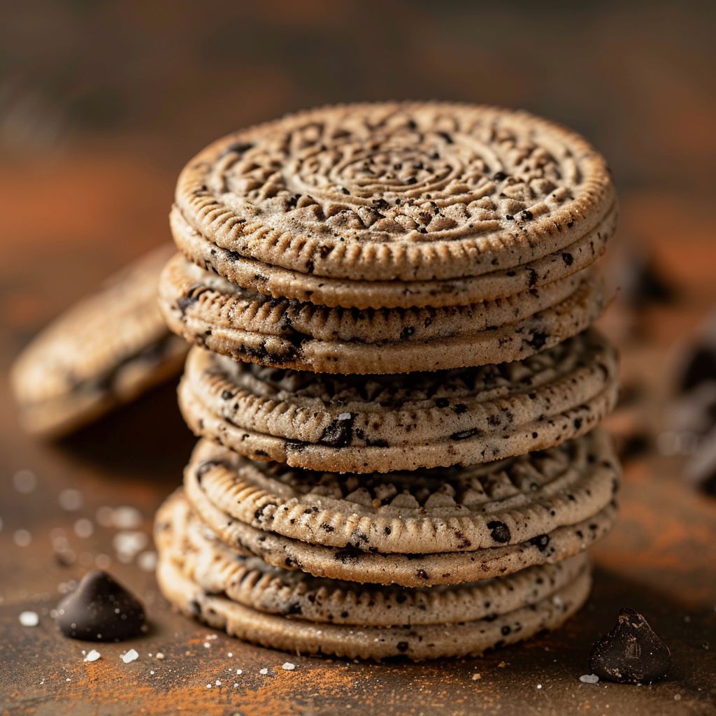 Close-up of a stack of Copycat Crumbl Oreo Cookies, showcasing their rich texture and chocolate chips.