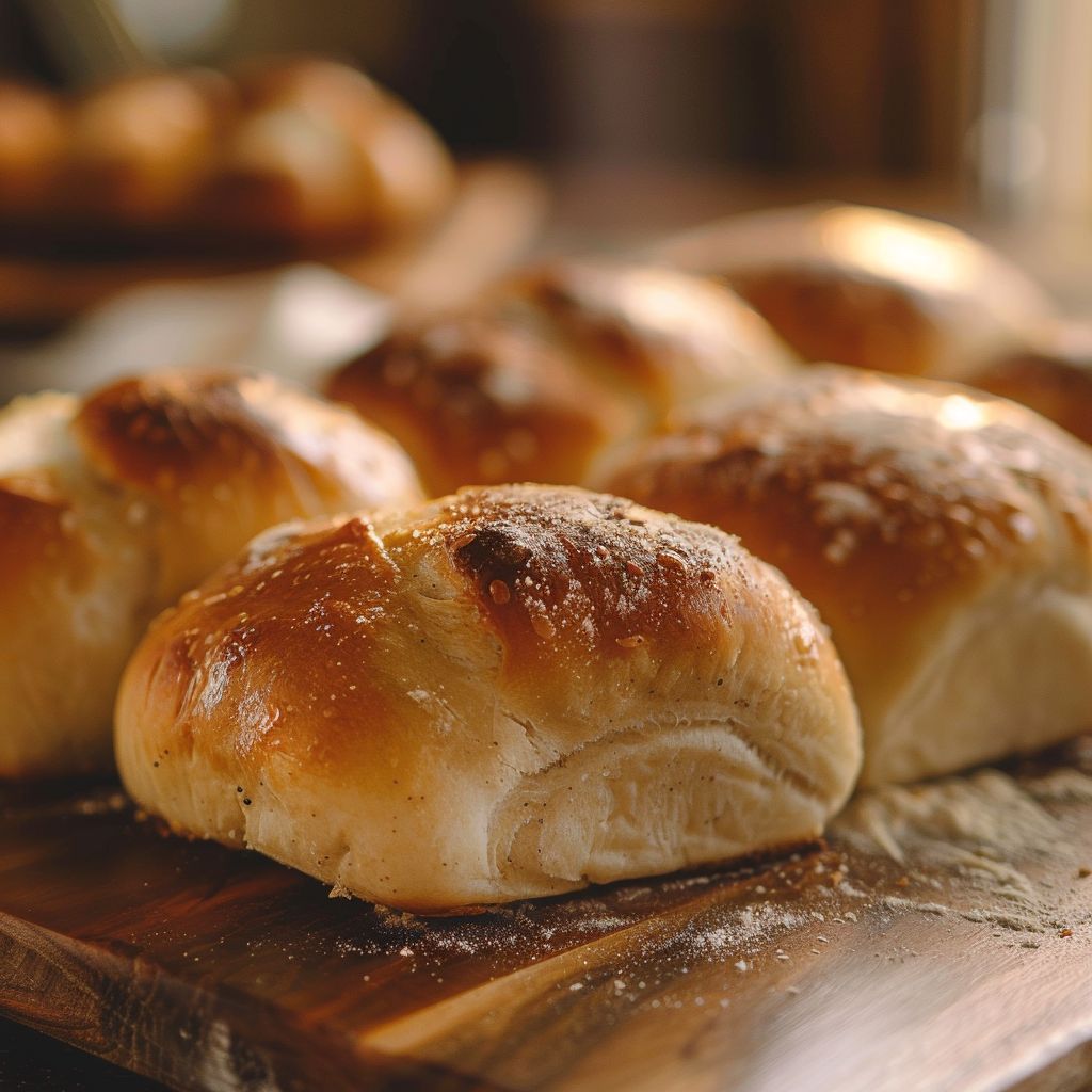 A close-up of various types of freshly baked breads displayed on a wooden surface.
