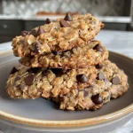 Juicy chocolate chip oatmeal cookies on a plate, featuring visible oats and chocolate chips.