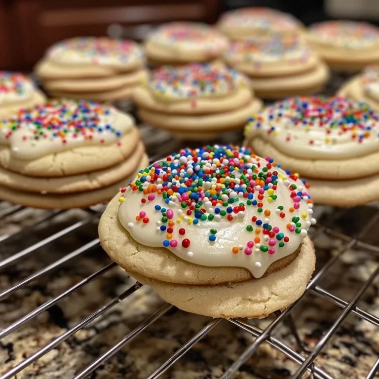 Juicy, soft sugar cookies adorned with pastel frosting and decorative sprinkles.