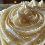 Detailed close-up of royal icing with ingredients listed nearby, highlighting its glossy finish.
