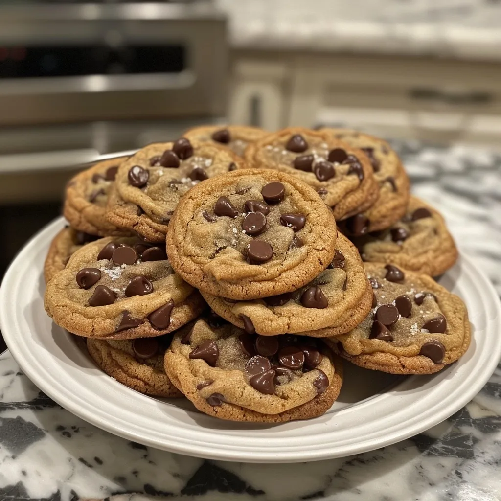 Juicy chocolate chip cookies stacked on top of each other, showing gooey chocolate and cookie texture.