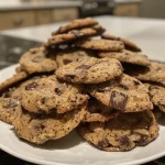 Side view of freshly baked healthy chocolate chip cookies with visible chocolate chips and a glossy sheen.