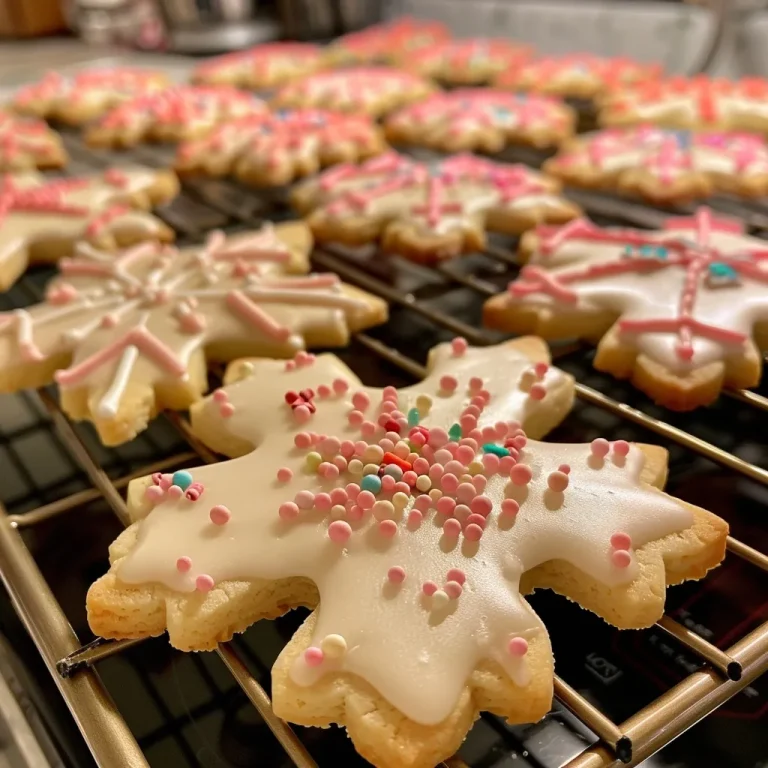 A plate of decorated sugar cookies with pink icing and colorful sprinkles, ready to serve.