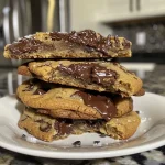Decadent chocolate chip cookies with a golden-brown exterior and visible chocolate chunks.