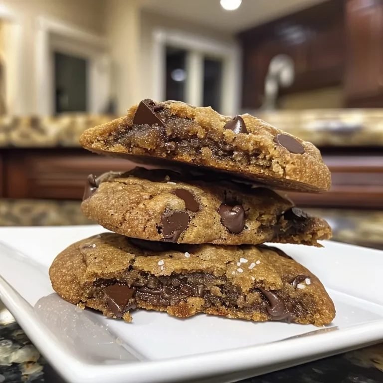 Side view of freshly baked brown sugar chocolate chip cookies stacked on a surface.