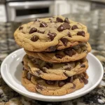 Detailed image of warm chocolate chip cookies, highlighting their golden edges.