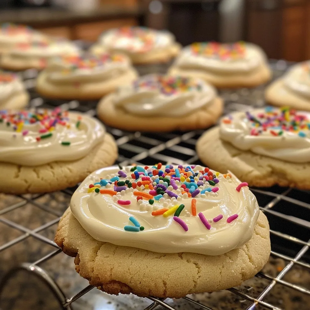 Detailed image of soft sugar cookies, featuring smooth frosting and a sprinkle topping.
