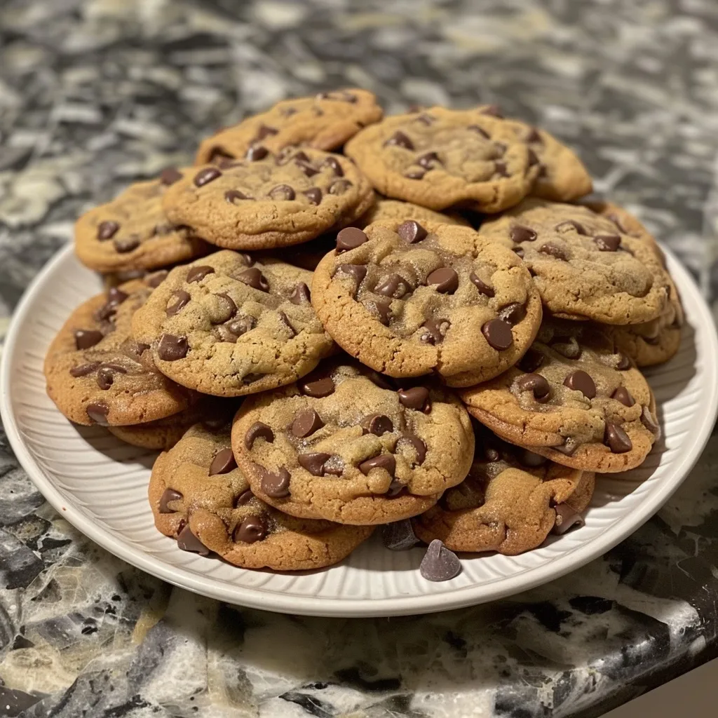 A stack of warm chocolate chip cookies, highlighting their rich, decadent appearance.