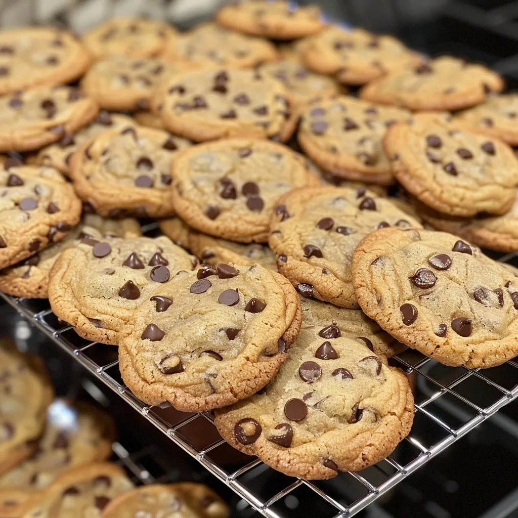 A photo of warm chocolate chip cookies with a crispy outside and soft, chewy interior.