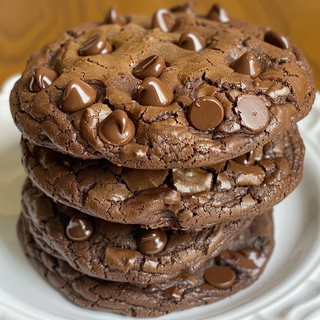 Indulgent chocolate cookies stacked, highlighting their fudgy appearance and chocolate inclusions.