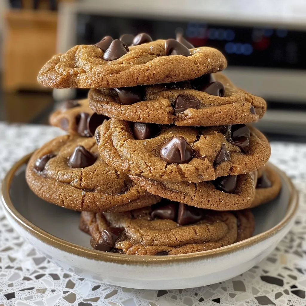 A plate of warm, chewy chocolate chip cookies showcasing their golden-brown edges.