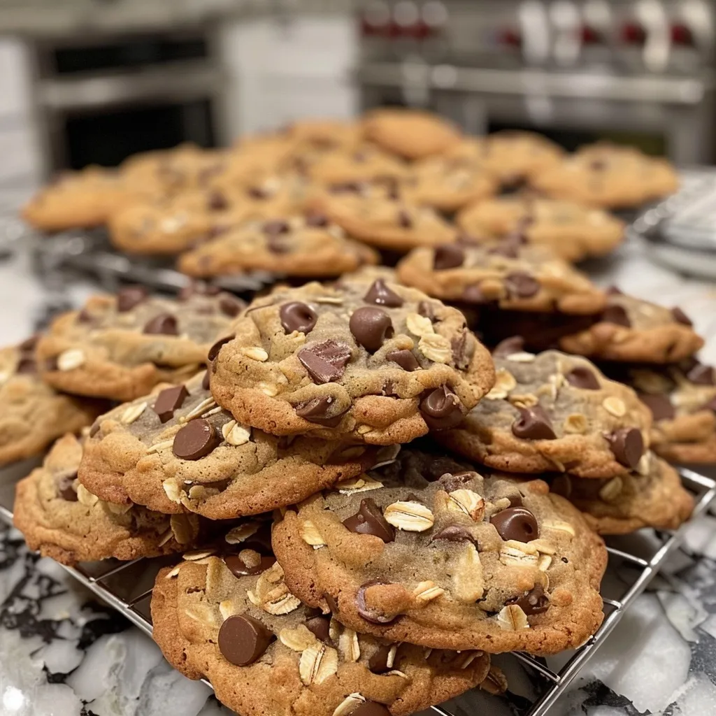 Tasty side view of cookies made with chocolate chips, oats, and pudding, highlighting their rich texture.