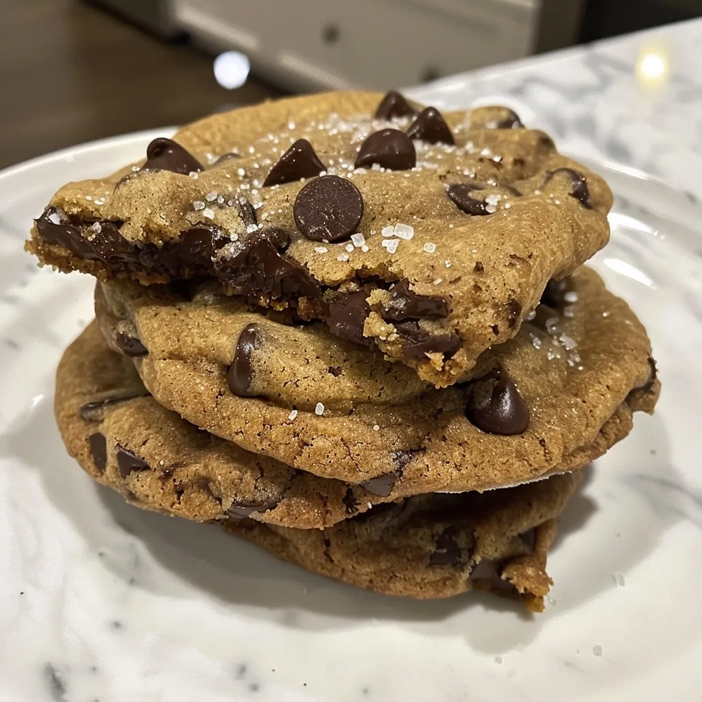 Juicy chocolate chip cookies stacked with a rich, glossy surface.