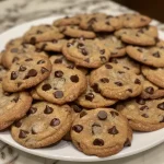 Photographic detail of chocolate chip cookies, emphasizing the absence of brown sugar and the glossy chocolate chips.