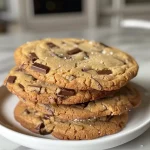 Juicy chocolate chip cookies displayed on a rustic wooden surface, emphasizing their homemade appeal.