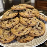 Juicy chocolate chip cookies on a plate, emphasizing their soft texture.