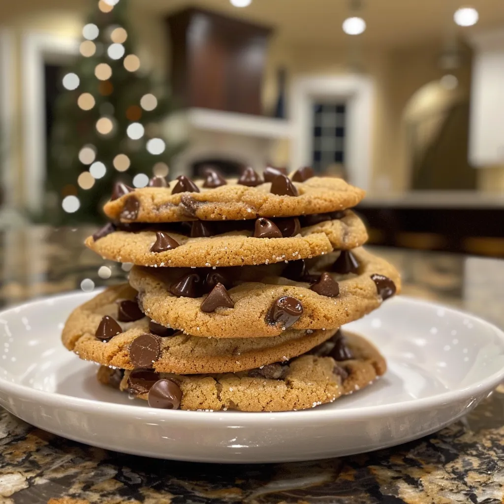 An enticing side view of chocolate chip cookies with glistening chocolate and a sprinkle of salt.