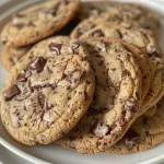 Detailed image of chocolate chip cookies showcasing melted chocolate chunks.