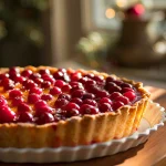 Close-up of a Cranberry-Orange Curd Tart with a golden crust and vibrant filling.
