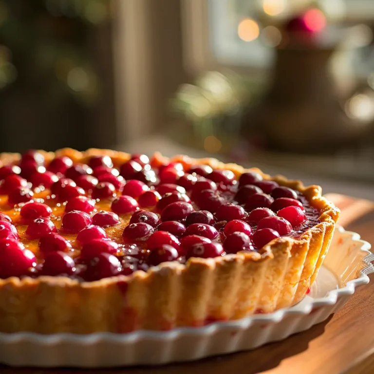 Close-up of a Cranberry-Orange Curd Tart with a golden crust and vibrant filling.