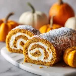 Close-up of a creamy pumpkin spice roll cake topped with light whipped cream.