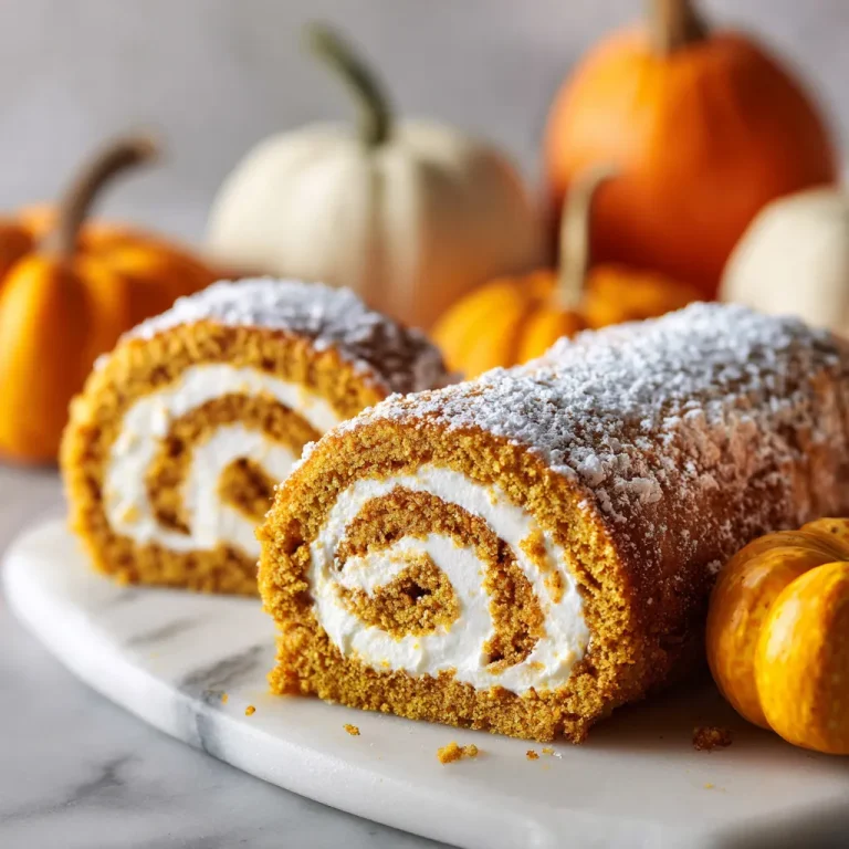Close-up of a creamy pumpkin spice roll cake topped with light whipped cream.
