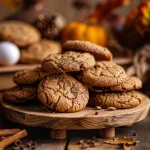 Close-up of Thanksgiving cookies featuring pumpkin pie filling on a fall-themed shortbread base.