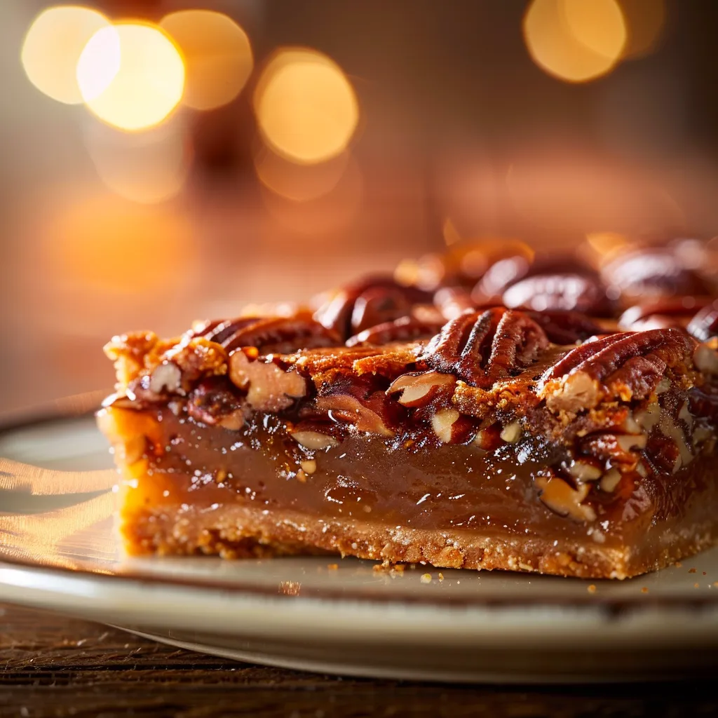 Close-up of Maple Pecan Pie Bars showcasing a golden-brown crust and pecan topping.