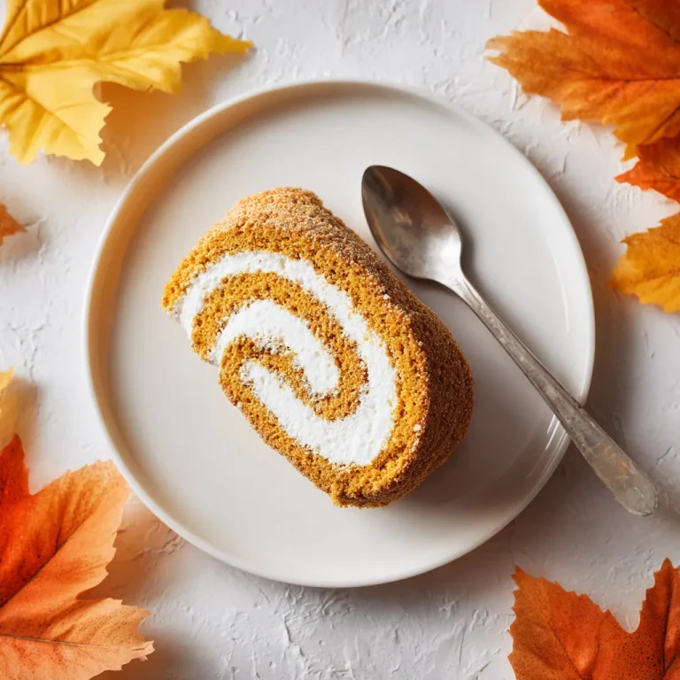 Close-up of a classic pumpkin roll with cream filling, displayed on a rustic wooden table.