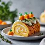 Close-up of a perfectly rolled pumpkin dessert with cream cheese filling on a wooden table.