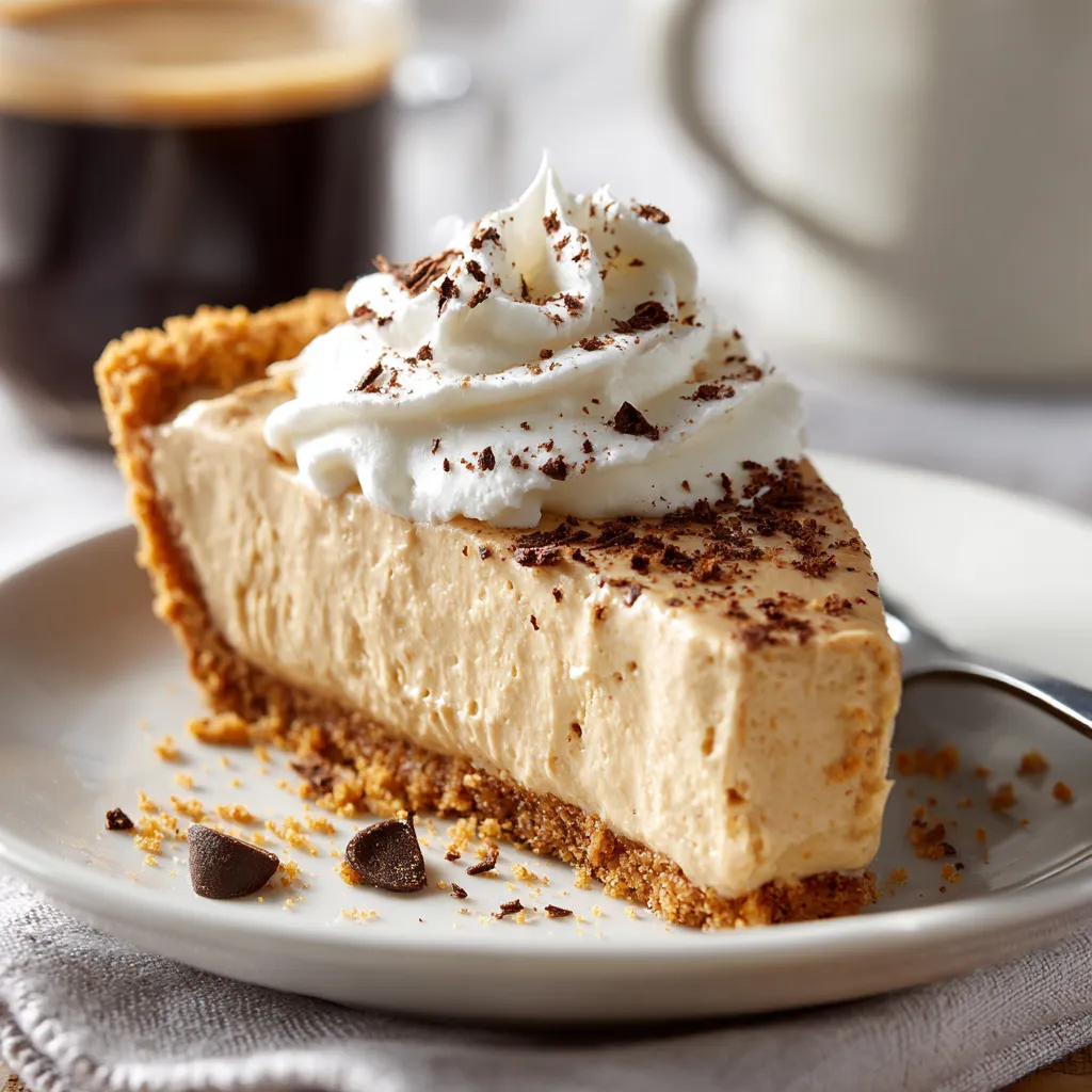 Close-up of a creamy peanut butter pie with a graham cracker crust, topped with whipped cream and chocolate drizzle.