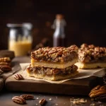 Close-up view of Pecan Pie Bars with a glossy topping and chopped pecans.