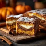 A close-up view of a Pumpkin Spice Roll Cake with creamy filling, showcasing its texture and vibrant colors.