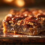 Close-up of a pecan pie bar on a rustic wooden board with a blurred background.