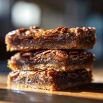 Close-up view of Buttery Pecan Pie Bars with rich, golden filling and chopped pecans on top.