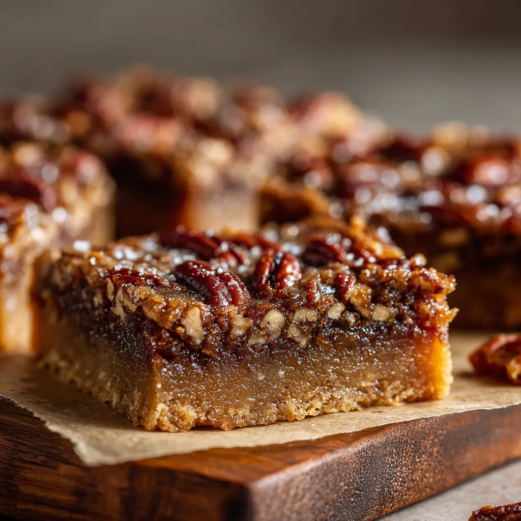 Close-up of golden-brown pecan pie bars, drizzled with syrup, with chopped pecans visible on top.