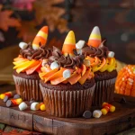 Close-up of Easy Turkey Cupcakes decorated with chocolate frosting and candy corn.