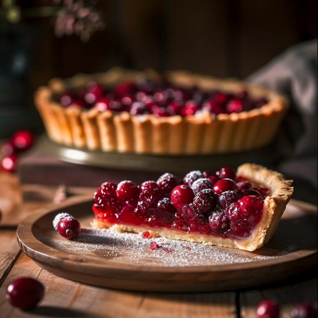 Eye-level shot of a Cranberry-Orange Curd Tart, displaying its rich texture and garnishes.