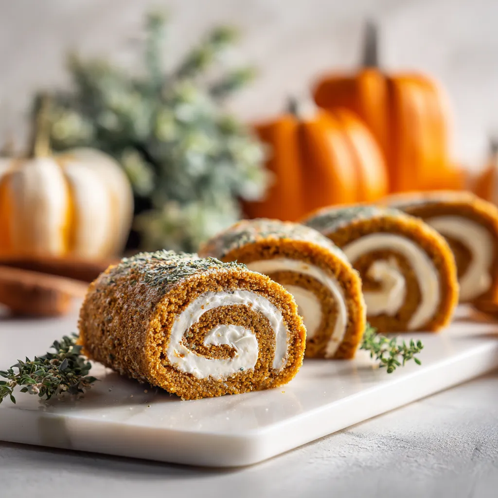 Deliciously rolled vegan pumpkin dessert topped with powdered sugar, displayed on a rustic surface.