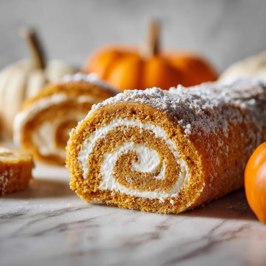 Eye-level shot of a sliced pumpkin roll cake, showcasing its creamy filling and spices.