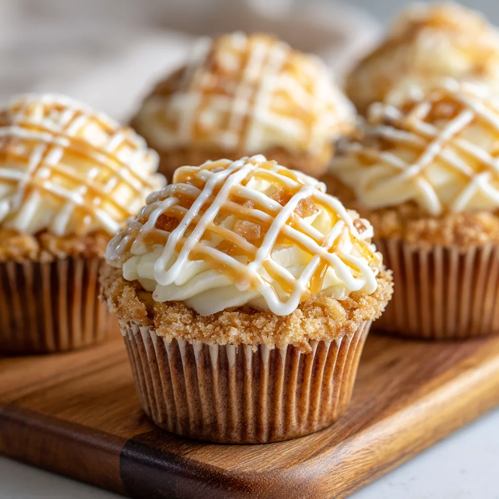 An appetizing apple pie cupcake with a golden brown crust and diced apple filling, beautifully presented.