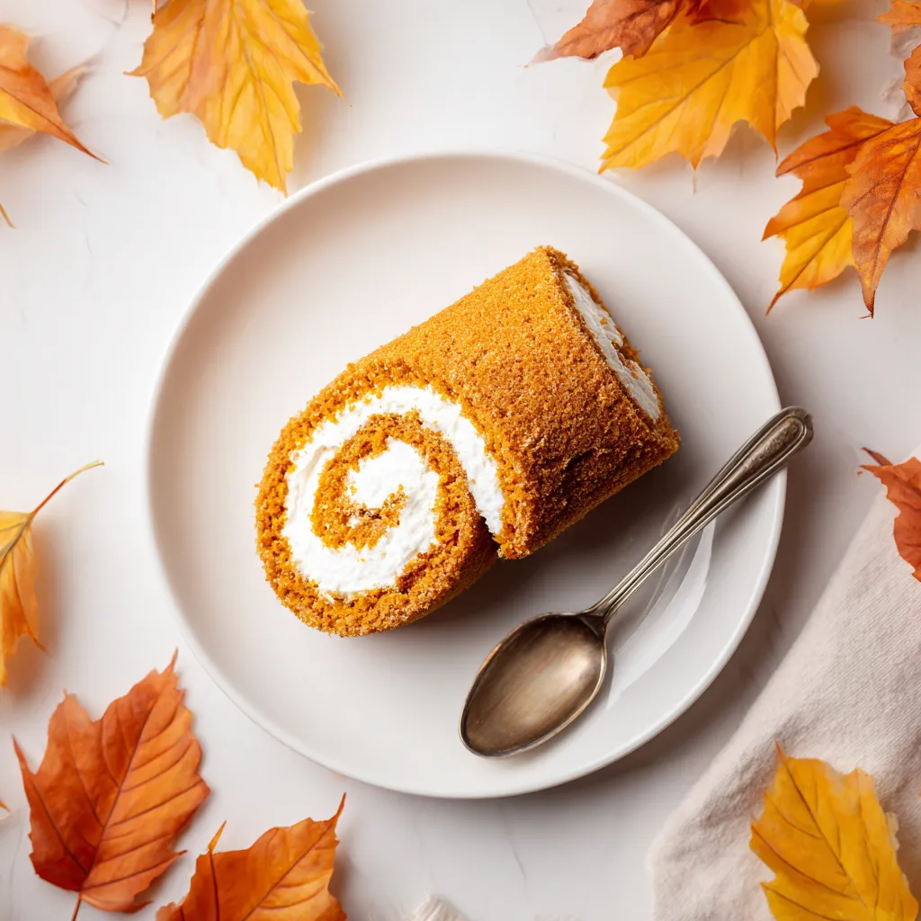 A delectable pumpkin roll sliced to reveal a fluffy cream filling, captured in warm, natural light.