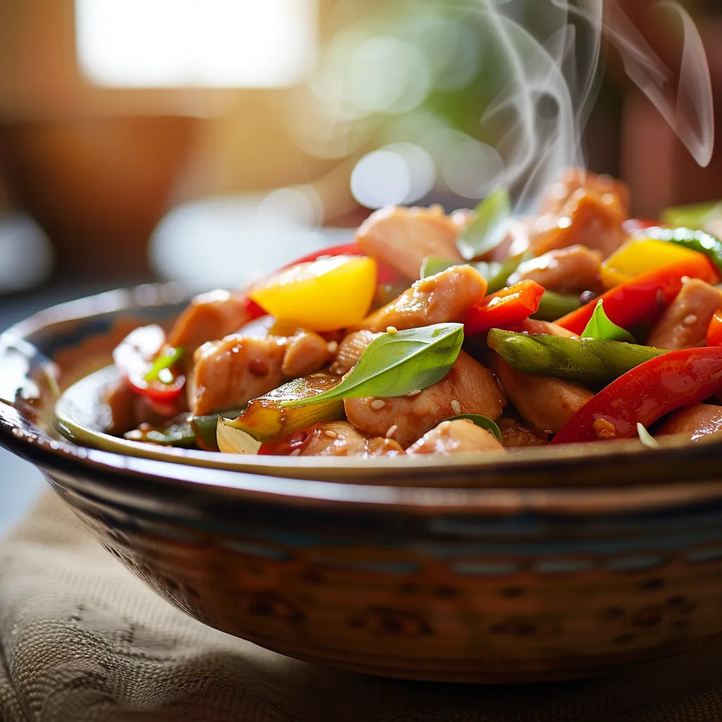 Eye-level shot of a delicious chicken stir fry, showcasing glistening sauce and fresh ingredients.