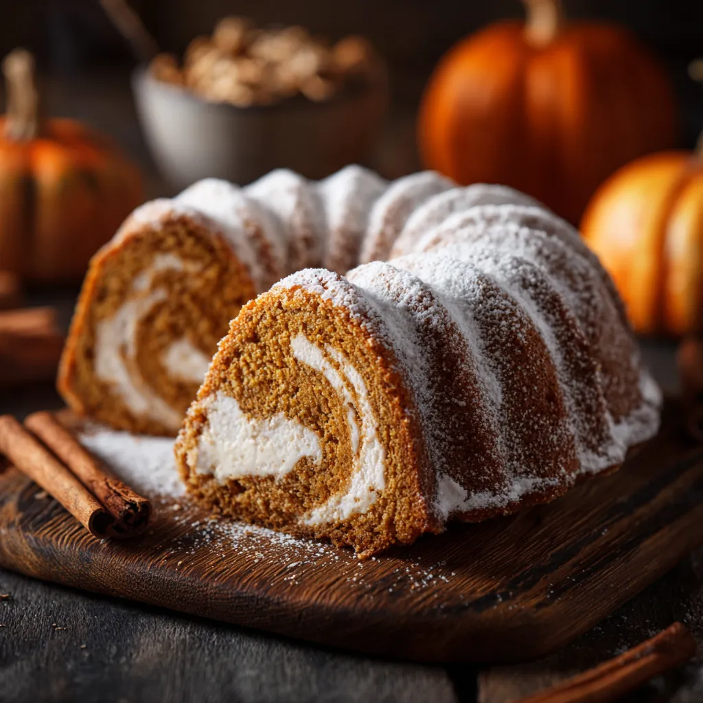 A beautifully lit Pumpkin Spice Roll Cake displayed on a plate, featuring a rich creamy interior and warm, autumnal hues.