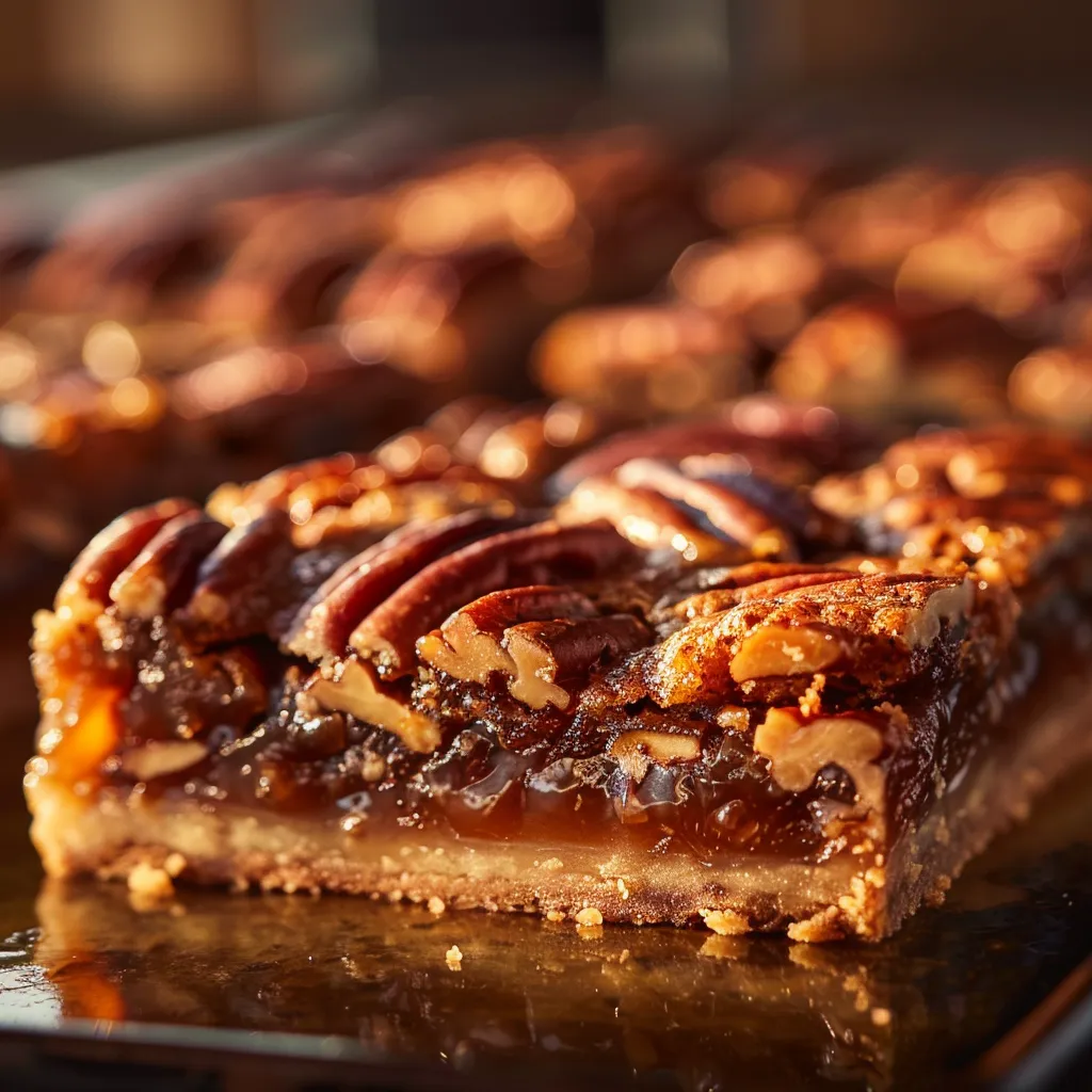 Deliciously layered pecan pie bars displayed on a white plate, illuminated by soft natural light.