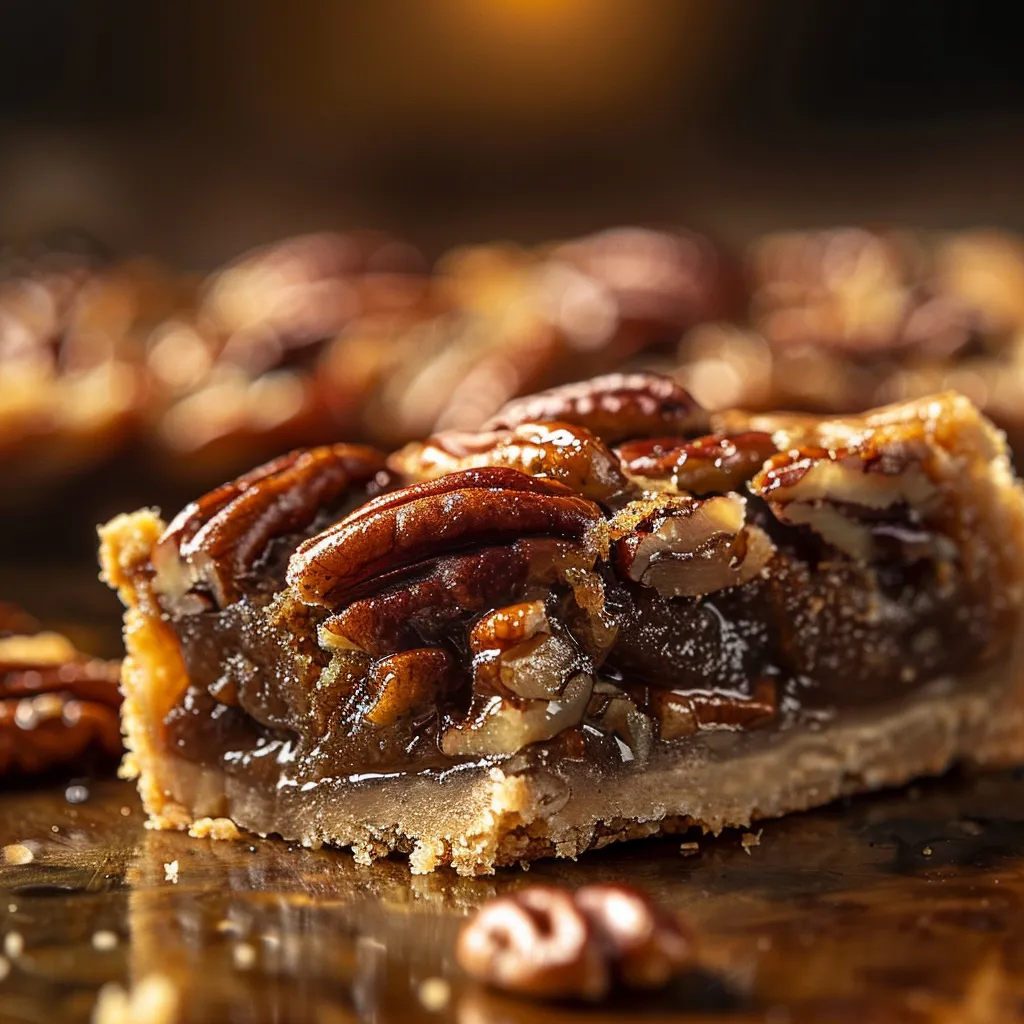 Delicious Buttery Pecan Pie Bars presented with a soft, warm light highlighting their texture.