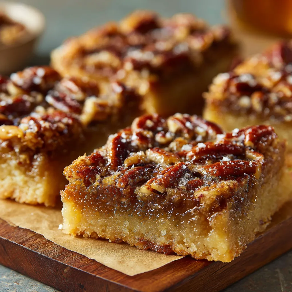 Delicious pecan pie bars displayed on a wooden surface, highlighting their rich, buttery texture and pecan topping.