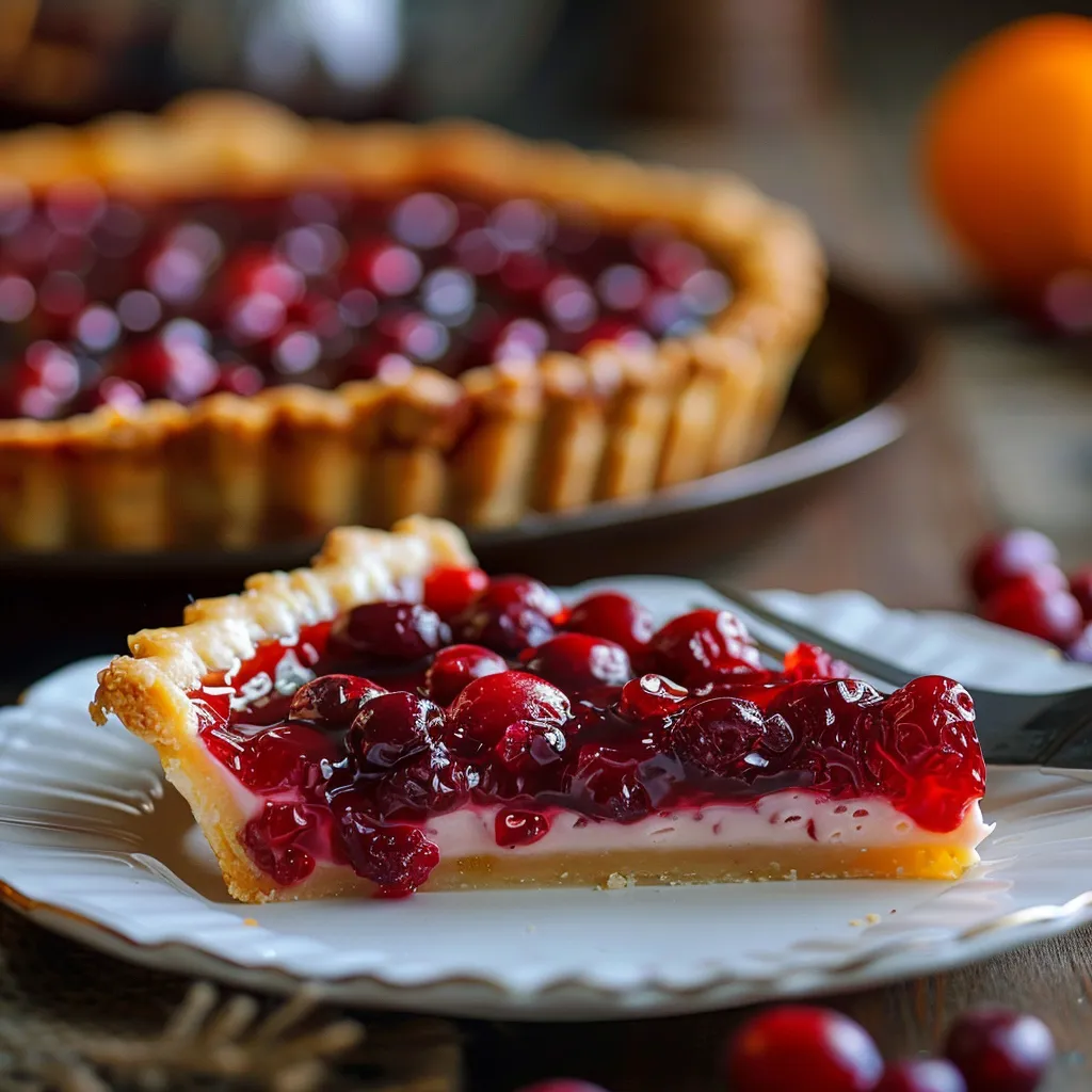 Detailed view of a Cranberry-Orange Curd Tart, showcasing fresh cranberries and orange zest.