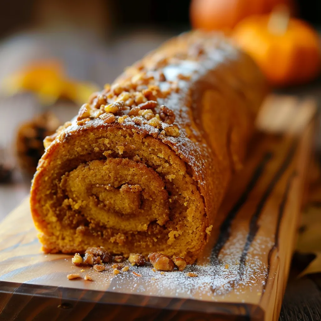 A delicious pumpkin roll cake, showcasing its swirled texture and garnished with nuts, set against a blurred, cozy background.